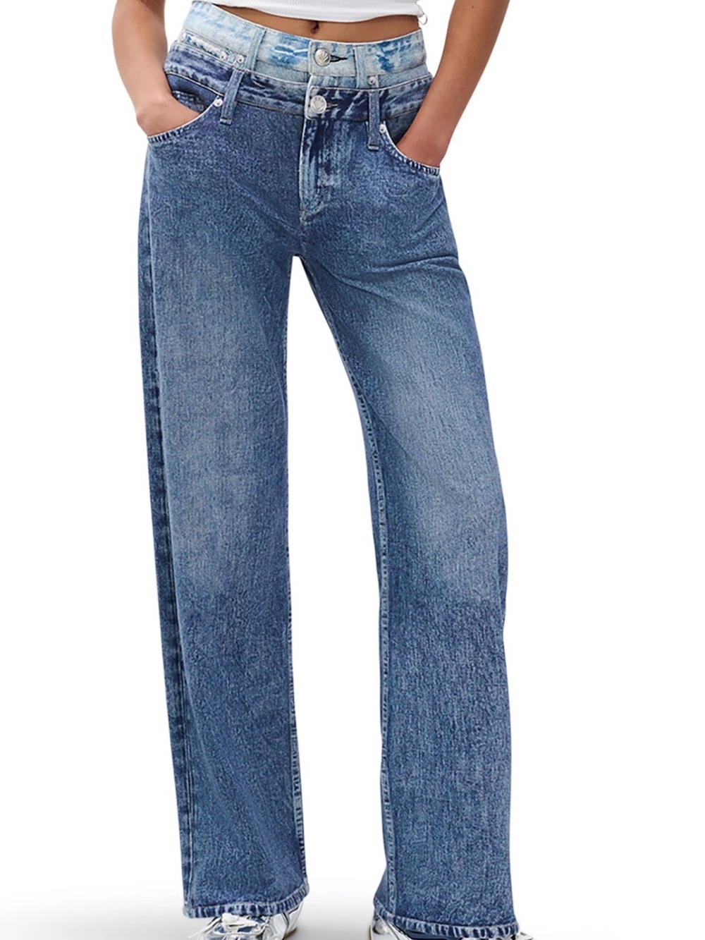 rag & bone Miramar double-high waist Two-Tone Wide Leg Jeans in Medium Blue.